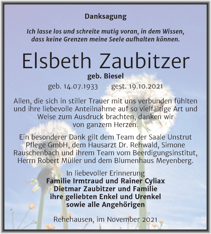  Traueranzeige für Elsbeth Zaubitzer vom 20.11.2021 aus Naumburger Tageblatt