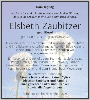 Traueranzeige von Elsbeth Zaubitzer von Naumburger Tageblatt