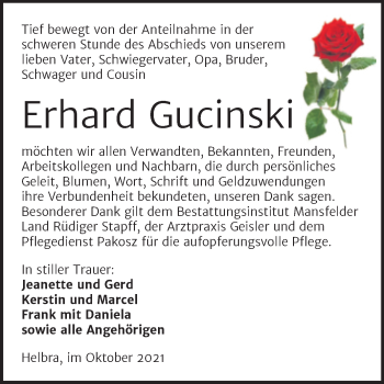 Traueranzeige von Erhard Gucinski von Trauerkombi Mansfelder Land