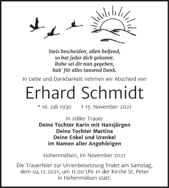 Traueranzeige von Erhard Schmidt von Trauerkombi Weißenfels