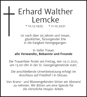 Traueranzeige von Erhard Walther Lemcke von Trauerkombi Dessau