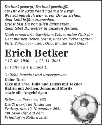 Traueranzeige von Erich Betker von Mitteldeutsche Zeitung Sangerhausen