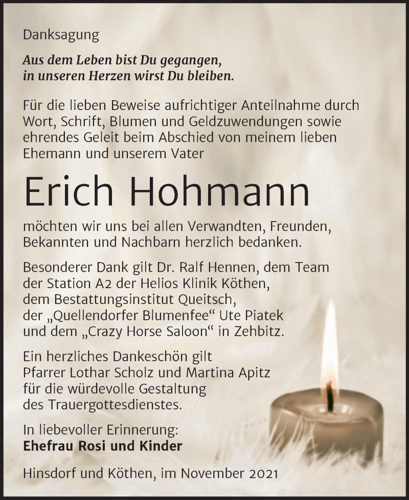 Traueranzeige für Erich Hohmann vom 13.11.2021 aus Trauerkombi Köthen
