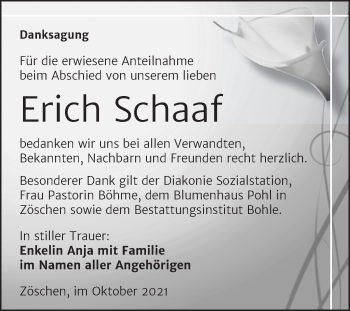 Traueranzeige von Erich Schaaf von Trauerkombi Merseburg