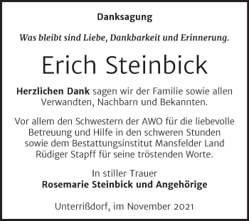 Traueranzeige von Erich Steinbick von Trauerkombi Mansfelder Land