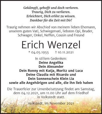 Traueranzeige von Erich Wenzel von Trauerkombi Mansfelder Land