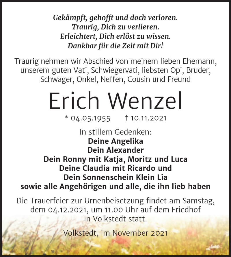  Traueranzeige für Erich Wenzel vom 20.11.2021 aus Trauerkombi Mansfelder Land