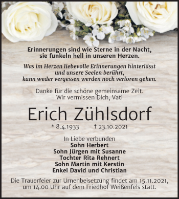 Traueranzeige von Erich Zühlsdorf von Trauerkombi Weißenfels
