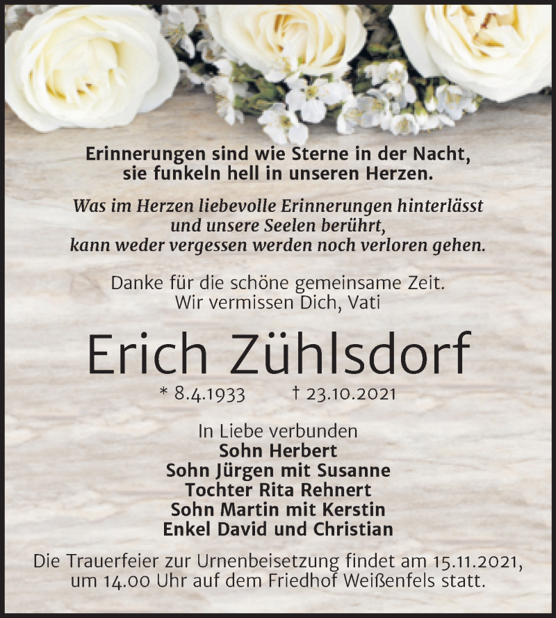  Traueranzeige für Erich Zühlsdorf vom 06.11.2021 aus Trauerkombi Weißenfels