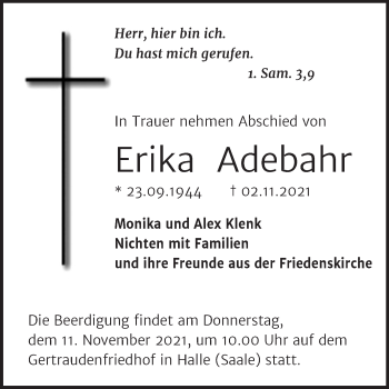 Traueranzeige von Erika Adebahr von Mitteldeutsche Zeitung Halle/Saalkreis