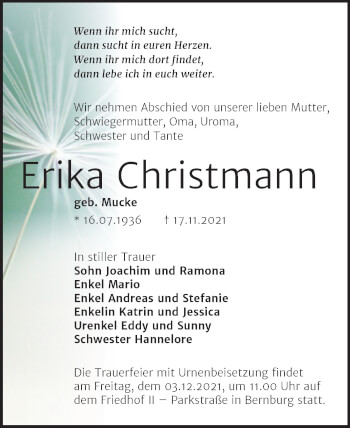 Traueranzeige von Erika Christmann von Trauerkombi Bernburg