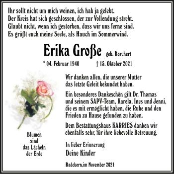 Traueranzeige von Erika Große von Trauerkombi Quedlinburg