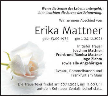 Traueranzeige von Erika Mattner von Mitteldeutsche Zeitung Dessau-Roßlau