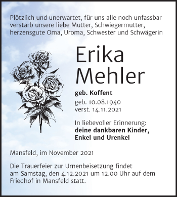 Traueranzeige von Erika Mehler von Trauerkombi Mansfelder Land
