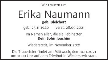 Traueranzeige von Erika Naumann von Trauerkombi Mansfelder Land