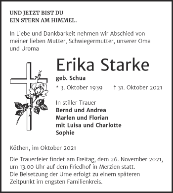 Traueranzeige von Erika Starke von Trauerkombi Köthen