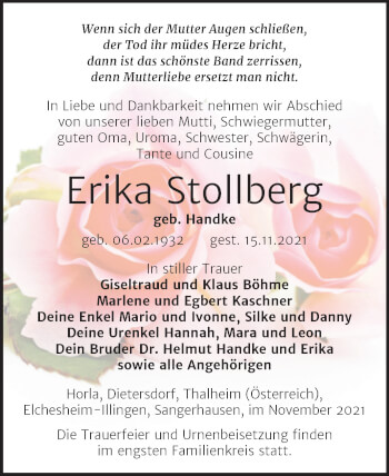 Traueranzeige von Erika Stollberg von Trauerkombi Sangerhausen