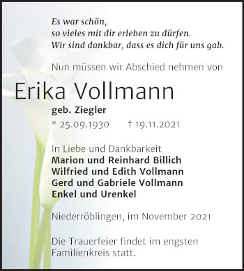 Traueranzeige von Erika Vollmann von Mitteldeutsche Zeitung Sangerhausen
