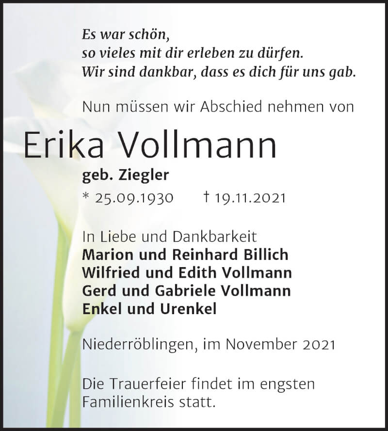  Traueranzeige für Erika Vollmann vom 27.11.2021 aus Mitteldeutsche Zeitung Sangerhausen
