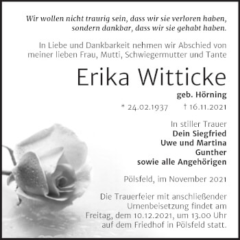 Traueranzeige von Erika Witticke von Trauerkombi Sangerhausen