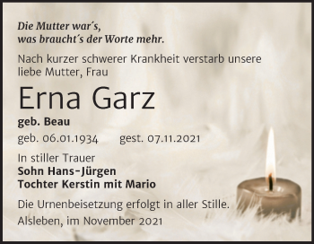 Traueranzeige von Erna Garz von Trauerkombi Bernburg