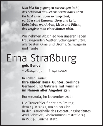 Traueranzeige von Erna Straßburg von Naumburger Tageblatt