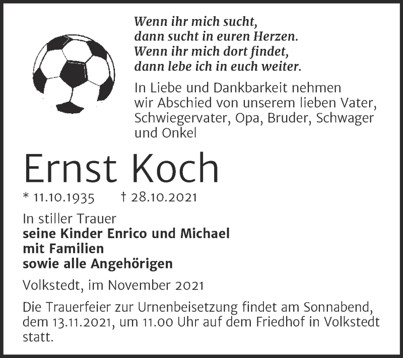  Traueranzeige für Ernst Koch vom 05.11.2021 aus Trauerkombi Mansfelder Land