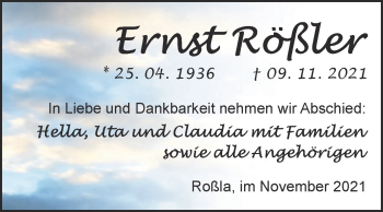 Traueranzeige von Ernst Rößler von Trauerkombi Sangerhausen