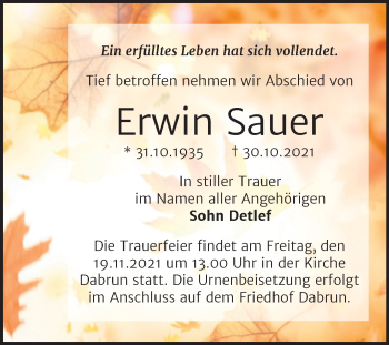 Traueranzeige von Erwin Sauer von Trauerkombi Wittenberg