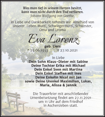 Traueranzeige von Eva Lorenz von Trauerkombi Aschersleben