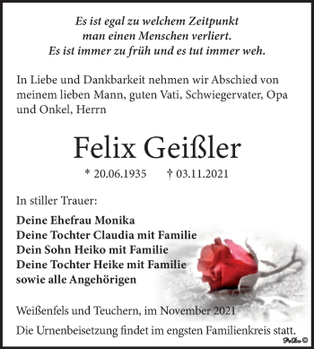 Traueranzeige von Felix Geißler von Trauerkombi Weißenfels