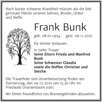Traueranzeige von Frank Bunk von Trauerkombi Dessau