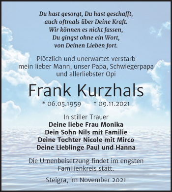 Traueranzeige von Frank Kurzhals von Trauerkombi Merseburg