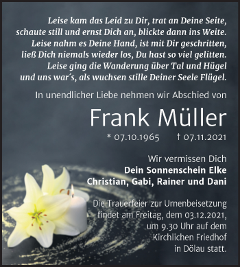 Traueranzeige von Frank Müller von Mitteldeutsche Zeitung Halle/Saalkreis