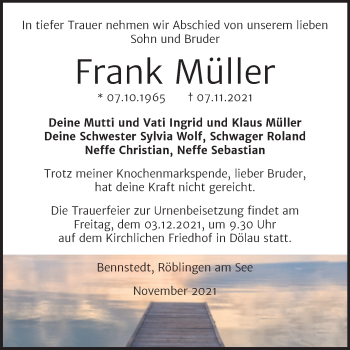 Traueranzeige von Frank Müller von Mitteldeutsche Zeitung Halle/Saalkreis