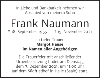 Traueranzeige von Frank Naumann von Mitteldeutsche Zeitung Halle/Saalkreis