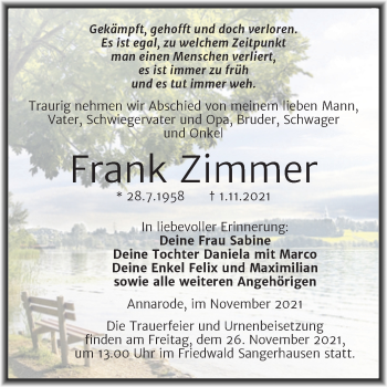 Traueranzeige von Frank Zimmer von Trauerkombi Mansfelder Land