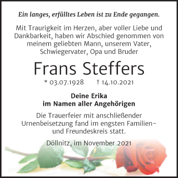 Traueranzeige von Frans Steffers von Mitteldeutsche Zeitung Halle/Saalkreis
