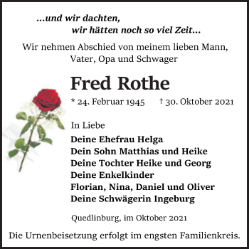 Traueranzeige von Fred Rothe von Trauerkombi Quedlinburg