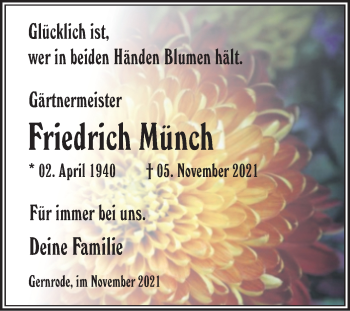 Traueranzeige von Friedrich Münch von Trauerkombi Quedlinburg