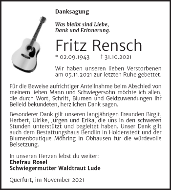 Traueranzeige von Fritz Rensch von Mitteldeutsche Zeitung Merseburg/Querfurt