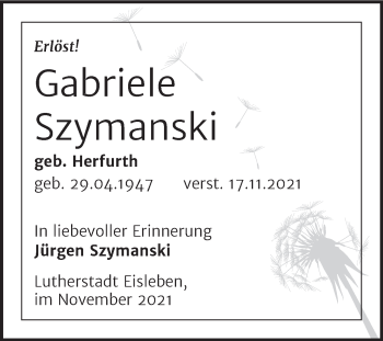 Traueranzeige von Gabriele Szymanski von Trauerkombi Mansfelder Land