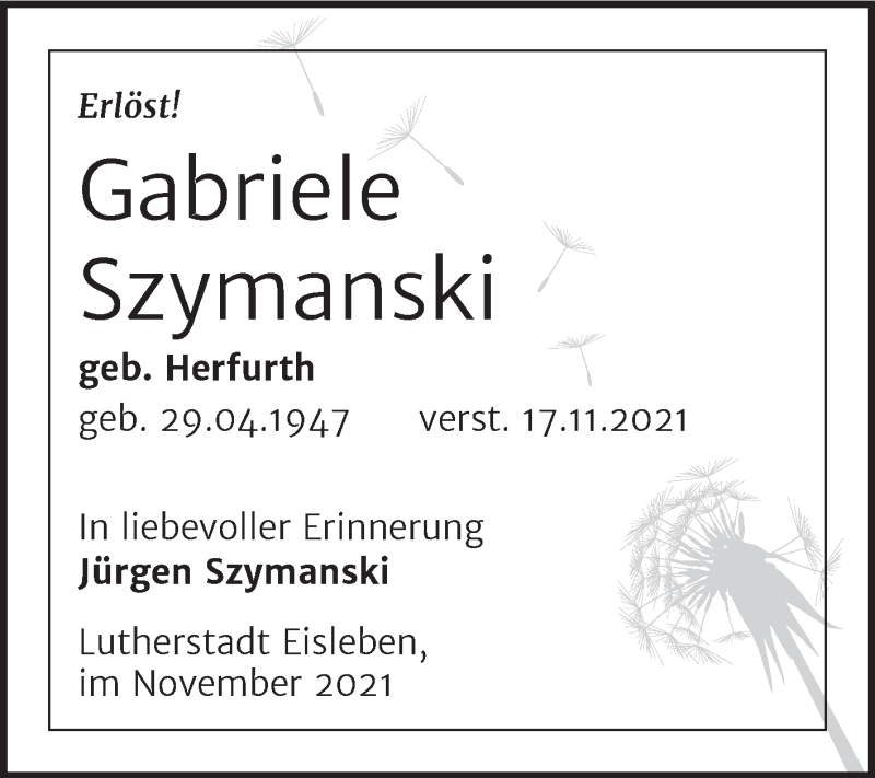  Traueranzeige für Gabriele Szymanski vom 24.11.2021 aus Trauerkombi Mansfelder Land
