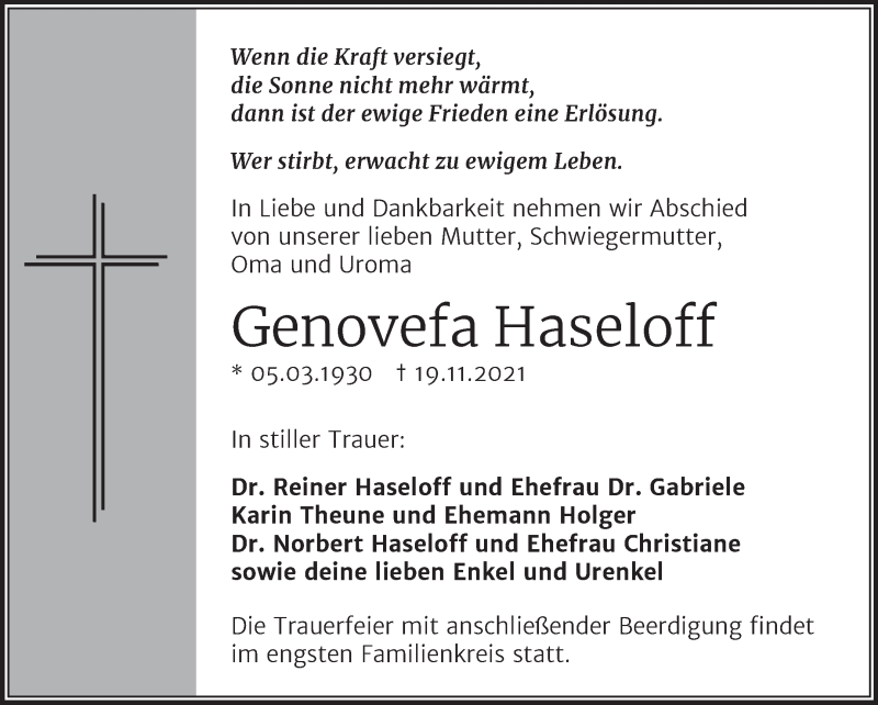  Traueranzeige für Genovefa Haseloff vom 24.11.2021 aus Trauerkombi Wittenberg