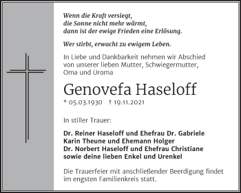 Traueranzeige von Genovefa Haseloff von Trauerkombi Wittenberg