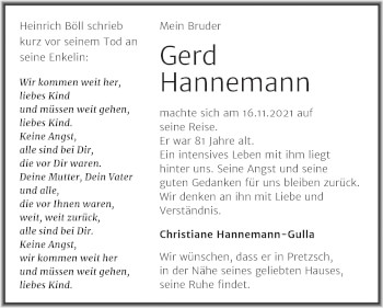 Traueranzeige von Gerd Hannemann von Trauerkombi Wittenberg