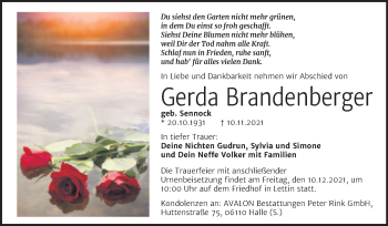 Traueranzeige von Gerda Brandenberger von Mitteldeutsche Zeitung Halle/Saalkreis