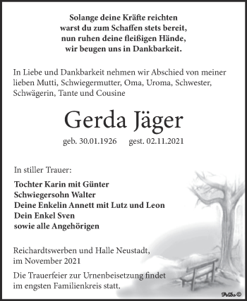 Traueranzeige von Gerda Jäger von Trauerkombi Weißenfels