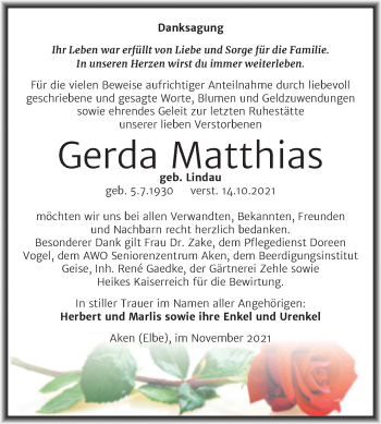 Traueranzeige von Gerda Matthias von Trauerkombi Köthen