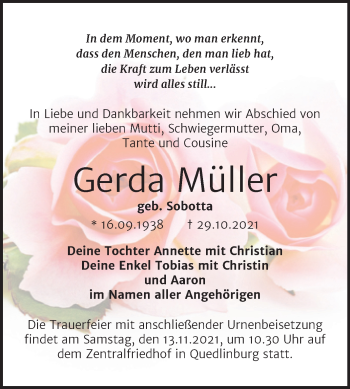 Traueranzeige von Gerda Müller von Trauerkombi Quedlinburg